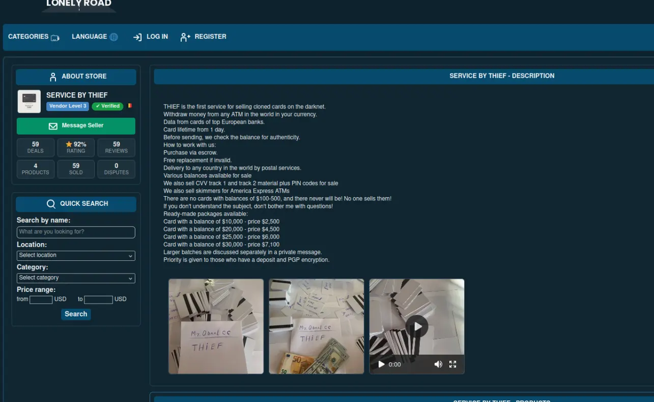 Darknet website selling cloned cards and cash
